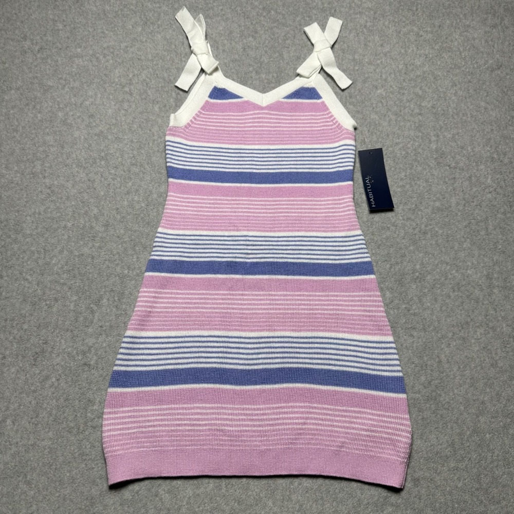 Habitual Girls Striped Knit‎ Dress Pink Purple White Bow Strap Size 7-8 NEW